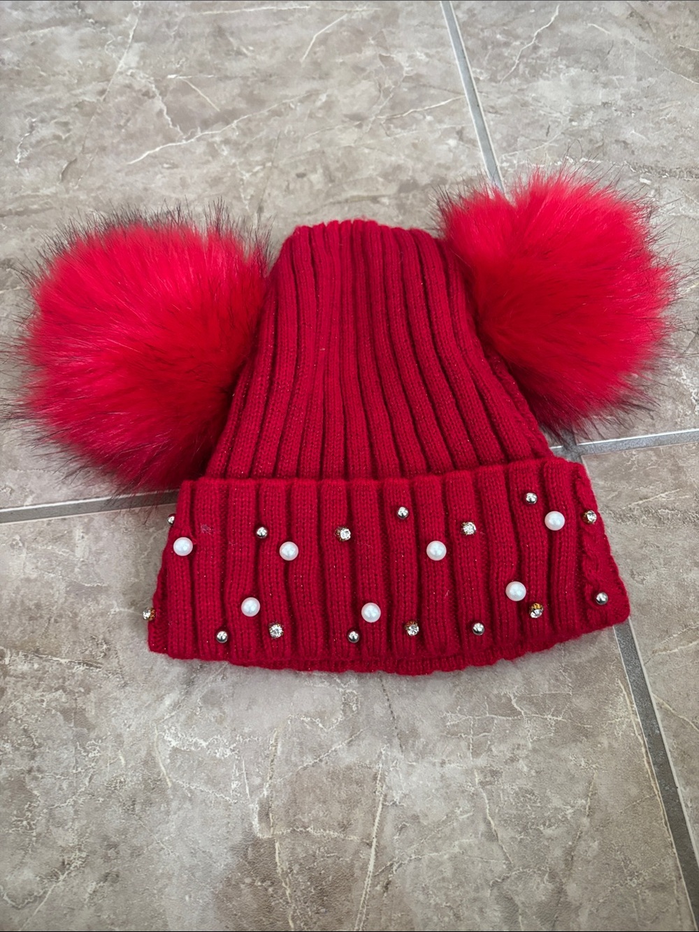 Kids Red Double Pom Pom Beanie with Pearls